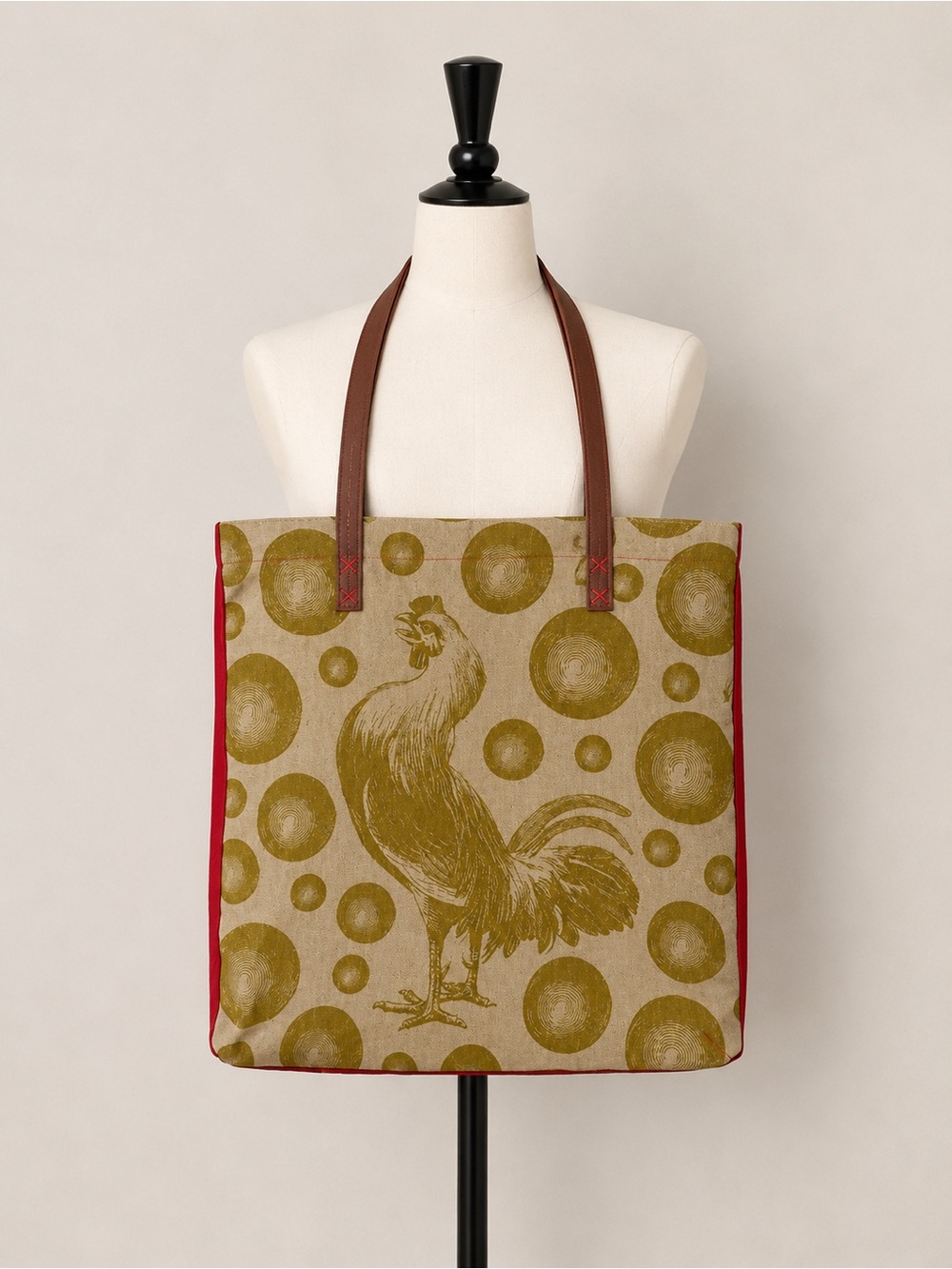 Rooster Print Canvas Tote with Red Sides